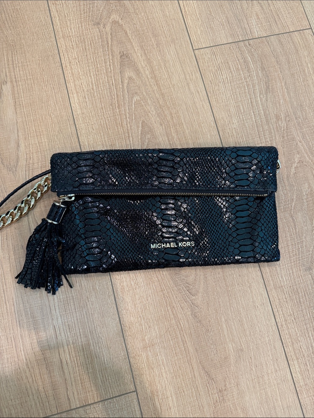 Michael Kors Weston Clutch/purse- Black python embossed leather, gold tone, EUC